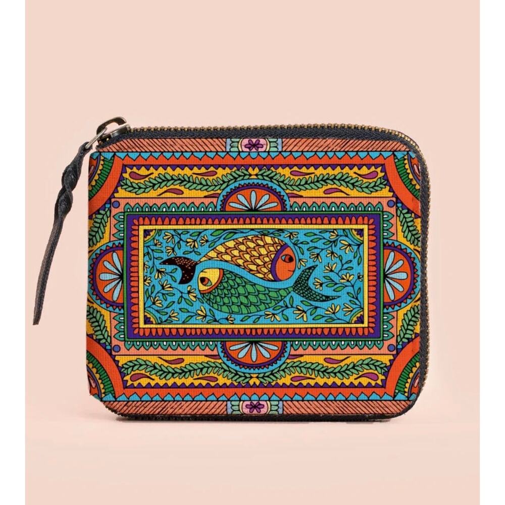 Multi Color Indian Print Fish Print Square Wallet, Kalankit Wallet